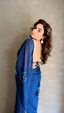 Royal Navy Blue Embroidered Satin Silk Saree with Blouse