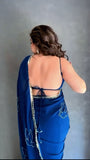 Royal Navy Blue Embroidered Satin Silk Saree with Blouse