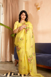 Yellow Organza Silk Floral Embroidered Saree with Matching Blouse