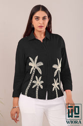 Black Embroidered Shirt with Palm Tree Motif