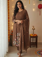 Coffee Pure Cotton Suit Set with Handworked Neck & Embroidered Dupatta