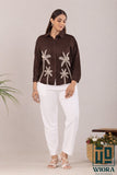 Chocolate Brown Embroidered Shirt with Palm Tree Motif