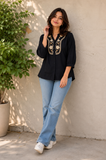 Wiora Women’s Black Floral Embroidered Collar Shirt