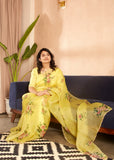 Yellow Organza Silk Floral Embroidered Saree with Matching Blouse