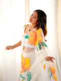 Soft Organza Silk Saree And Blouse with Vibrant Floral Embroidery and Premium Flowy Texture