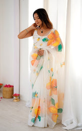 Soft Organza Silk Saree And Blouse with Vibrant Floral Embroidery and Premium Flowy Texture