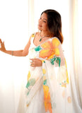 Soft Organza Silk Saree And Blouse with Vibrant Floral Embroidery and Premium Flowy Texture