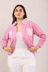 Classic Light Pink Pocket Shirt with White Lace Detailing
