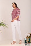 Stylish Soft wine pink Fulkari Printed Top with Lace Accents