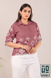 Stylish Soft wine pink Fulkari Printed Top with Lace Accents