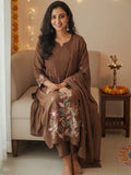 Coffee Pure Cotton Suit Set with Handworked Neck & Embroidered Dupatta
