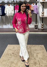 Elegant Pink Floral Embroidered Shirt for Women