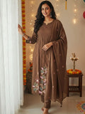 Coffee Pure Cotton Suit Set with Handworked Neck & Embroidered Dupatta