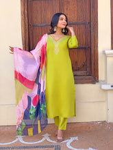Lemon Zest Embroidered Rayon Kurta Pant & Printed Dupatta Set
