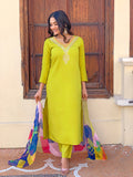 Lemon Zest Embroidered Rayon Kurta Pant & Printed Dupatta Set