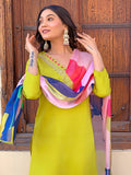Lemon Zest Embroidered Rayon Kurta Pant & Printed Dupatta Set