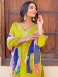 Lemon Zest Embroidered Rayon Kurta Pant & Printed Dupatta Set