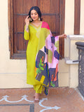 Lemon Zest Embroidered Rayon Kurta Pant & Printed Dupatta Set