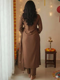 Coffee Pure Cotton Suit Set with Handworked Neck & Embroidered Dupatta