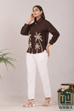 Chocolate Brown Embroidered Shirt with Palm Tree Motif