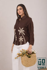 Chocolate Brown Embroidered Shirt with Palm Tree Motif