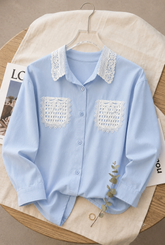 Classic Light Blue Pocket Shirt with White Lace Detailing