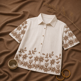 Wiora Beige Floral Embroidered Shirt – Elegant Short Sleeve Button-Down Top