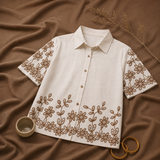 Wiora Beige Floral Embroidered Shirt – Elegant Short Sleeve Button-Down Top