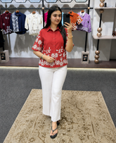 Wiora Coral Red Floral Embroidered Shirt – Elegant Short Sleeve shirt