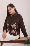 Chocolate Brown Embroidered Shirt with Palm Tree Motif