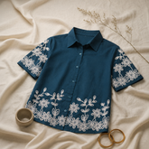 Wiora Teal Blue Floral Embroidered Shirt – Elegant Short Sleeve Button-Down Top
