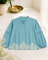 Wiora Teal Blue Embroidered Button-Down Shirt – Elegant Floral Hem Detail