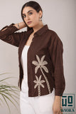 Chocolate Brown Embroidered Shirt with Palm Tree Motif