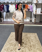Wiora Beige Floral Embroidered Shirt – Elegant Short Sleeve Button-Down shirt