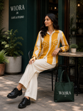 WIORA Women’s Mustard Yellow & Cream Floral Shirt – Elegant Full Sleeve Button-Down Designer Shirt with Contrast Panels, Floral Detailing & Classic Collar