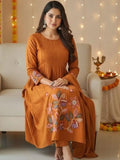 Rust Pure Cotton Suit Set with Handworked Neck & Embroidered Dupatta