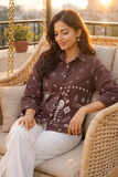 Coffee Bandhani Printed Cotton Mix Shirt for Women – Elegant Casual Button-Down Top