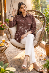 Coffee Bandhani Printed Cotton Mix Shirt for Women – Elegant Casual Button-Down Top