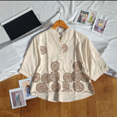 Elegant Cream Floral Embroidered Mandarin Collar Shirt