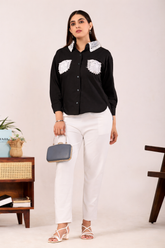 Classic Black Pocket Shirt with White Lace Detailing