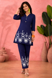 Navy Blue Floral Embroidered Elegant Co-Ord Set for Women