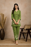 Olive Green Floral Embroidered Elegant Kurta Pant Co-Ord Set for Women