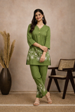 Olive Green Floral Embroidered Elegant Kurta Pant Co-Ord Set for Women