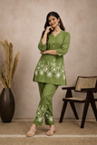 Olive Green Floral Embroidered Elegant Kurta Pant Co-Ord Set for Women