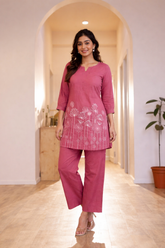Pink Serenity Ethnic Co-ord With Floral Embroidered
