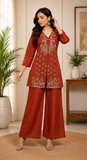 Royal Rust Elegance Roman Silk Embroidered Kurta Palazzo Set