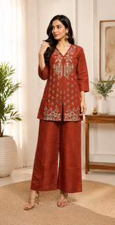 Royal Rust Elegance Roman Silk Embroidered Kurta Palazzo Set