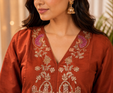 Royal Rust Elegance Roman Silk Embroidered Kurta Palazzo Set