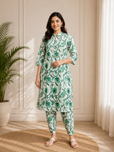 Women's Mint Blossom Embroidered Cotton Blend Kurta Pant Set