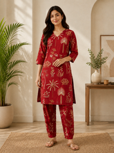Classic Crimson Flora Straight Fit Kurta Pant Set